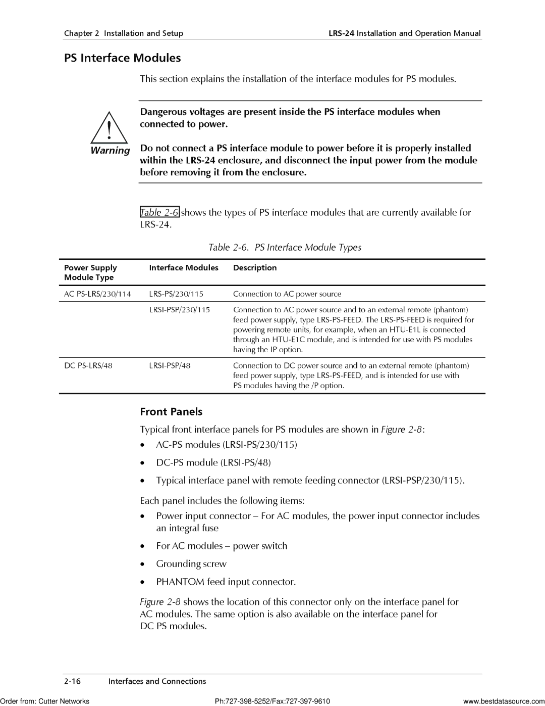 RAD Data comm LRS-24 operation manual PS Interface Modules, PS Interface Module Types 