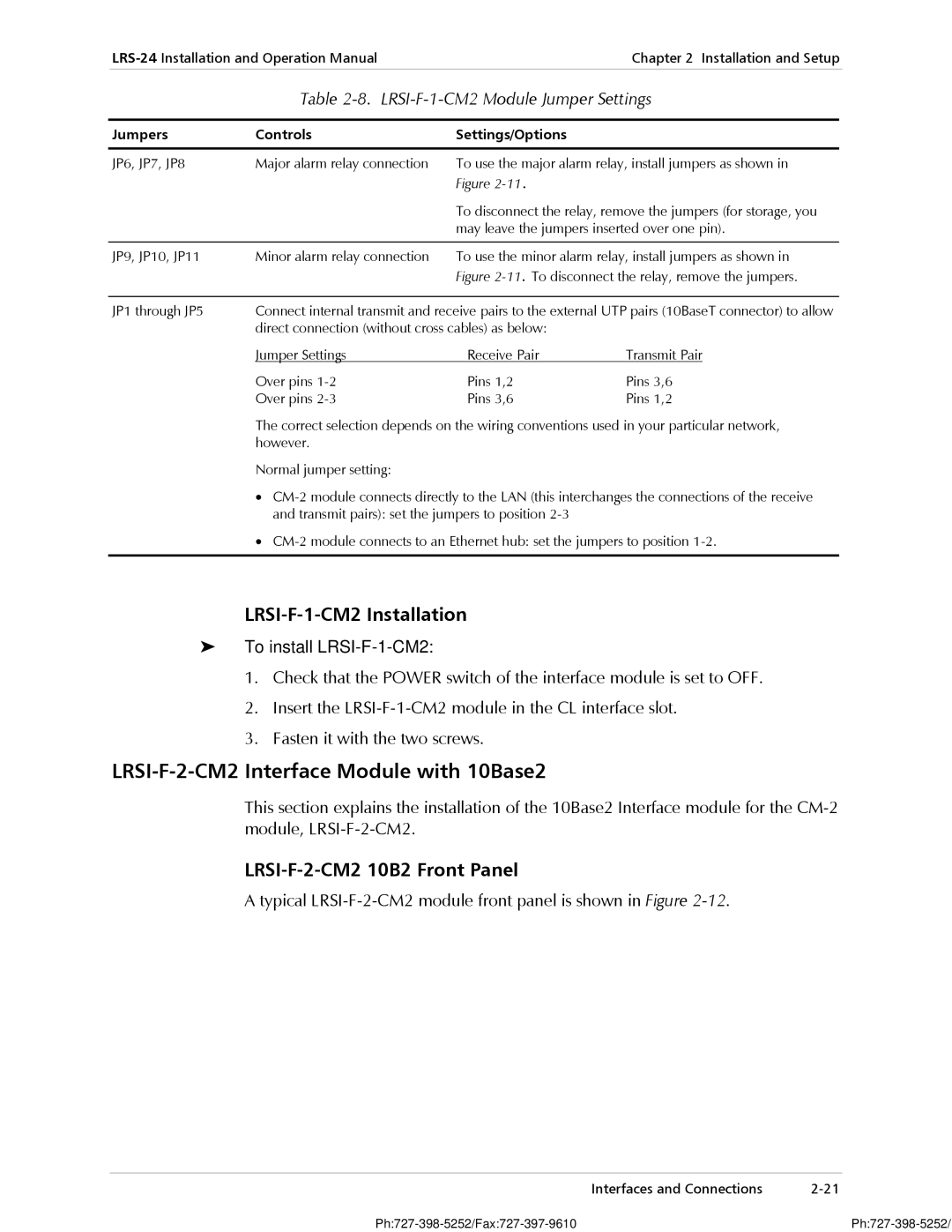 RAD Data comm LRS-24 LRSI-F-2-CM2 Interface Module with 10Base2, LRSI-F-1-CM2 Installation, LRSI-F-2-CM2 10B2 Front Panel 