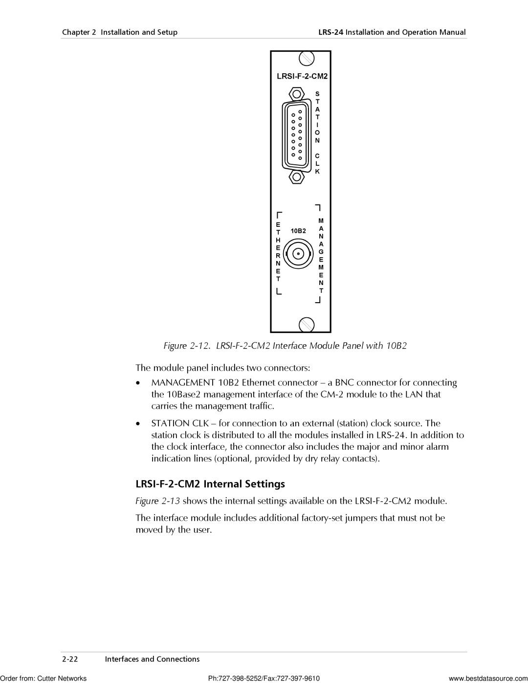 RAD Data comm LRS-24 operation manual LRSI-F-2-CM2 Internal Settings, LRSI-F-2-CM2 Interface Module Panel with 10B2 