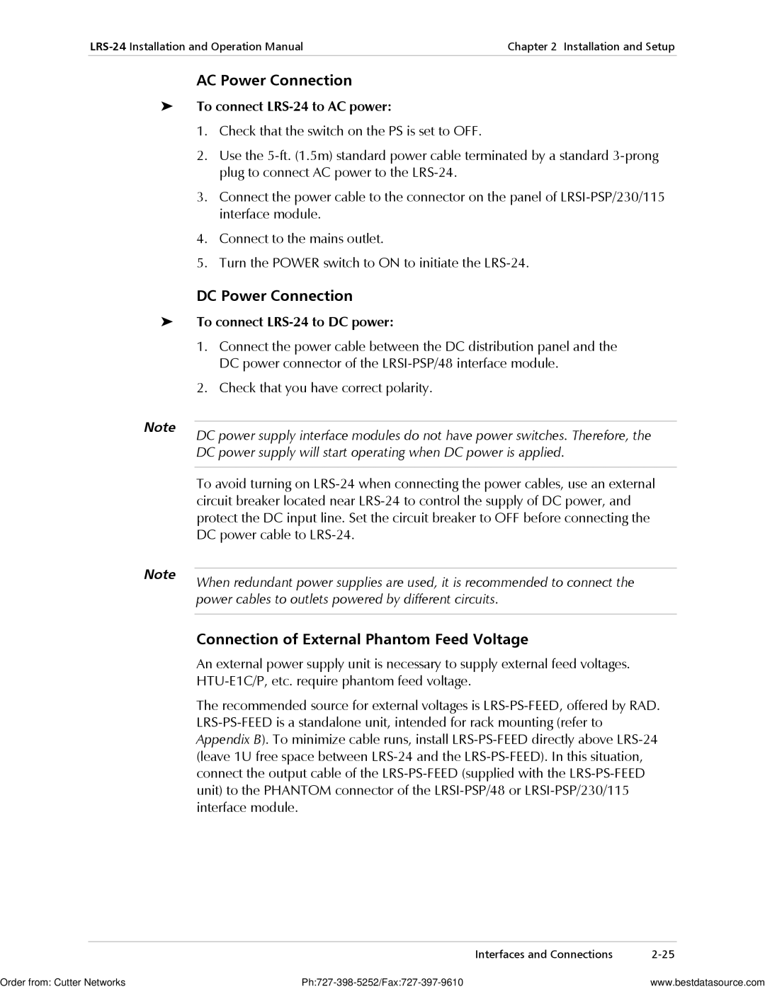 RAD Data comm LRS-24 operation manual AC Power Connection, DC Power Connection, Connection of External Phantom Feed Voltage 