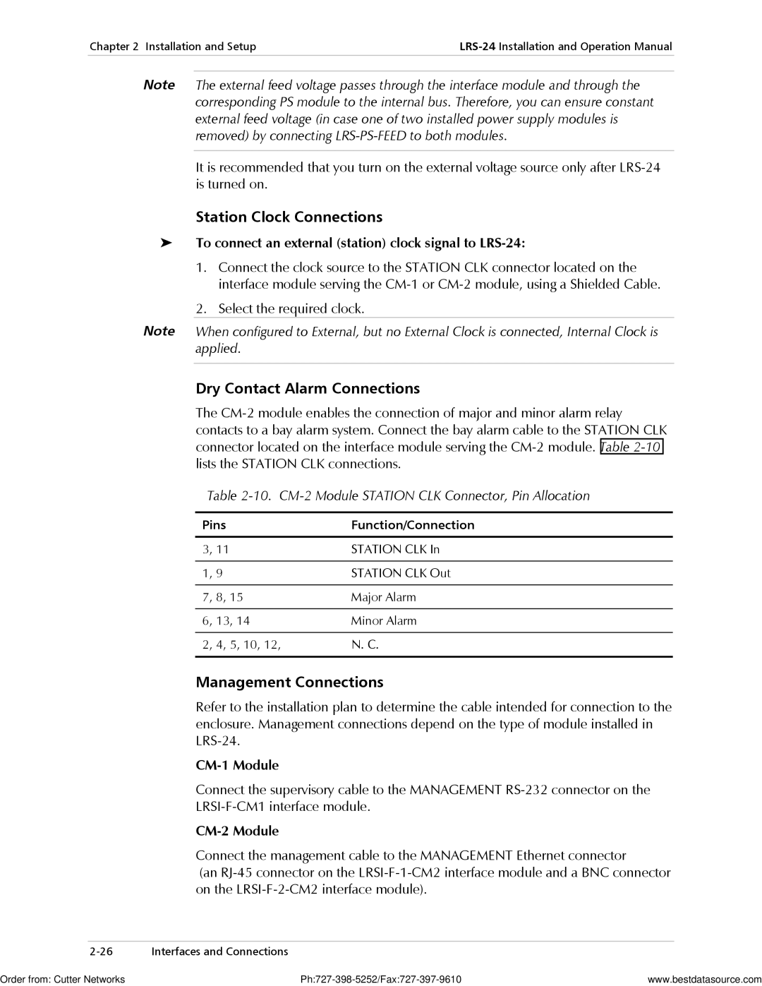 RAD Data comm LRS-24 operation manual Station Clock Connections, Dry Contact Alarm Connections, Management Connections 