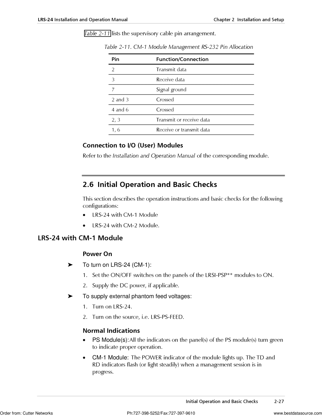 RAD Data comm Initial Operation and Basic Checks, LRS-24 with CM-1 Module, Connection to I/O User Modules, Power On 