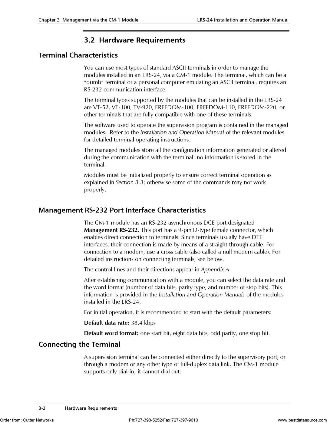 RAD Data comm LRS-24 Hardware Requirements, Terminal Characteristics, Management RS-232 Port Interface Characteristics 