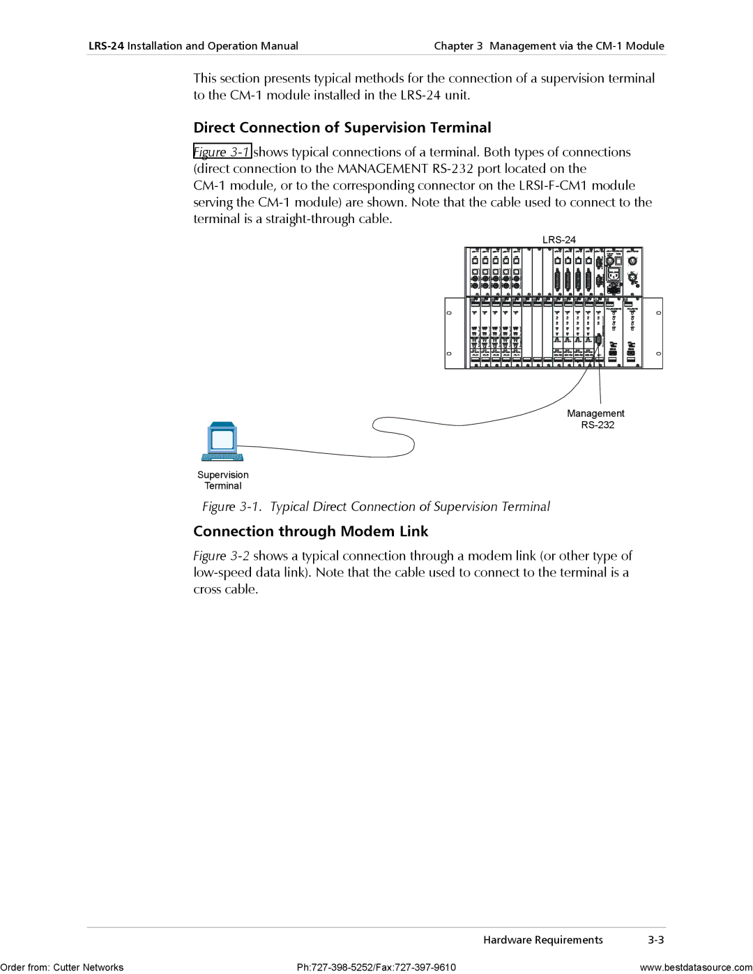 RAD Data comm LRS-24 operation manual Direct Connection of Supervision Terminal, Connection through Modem Link 