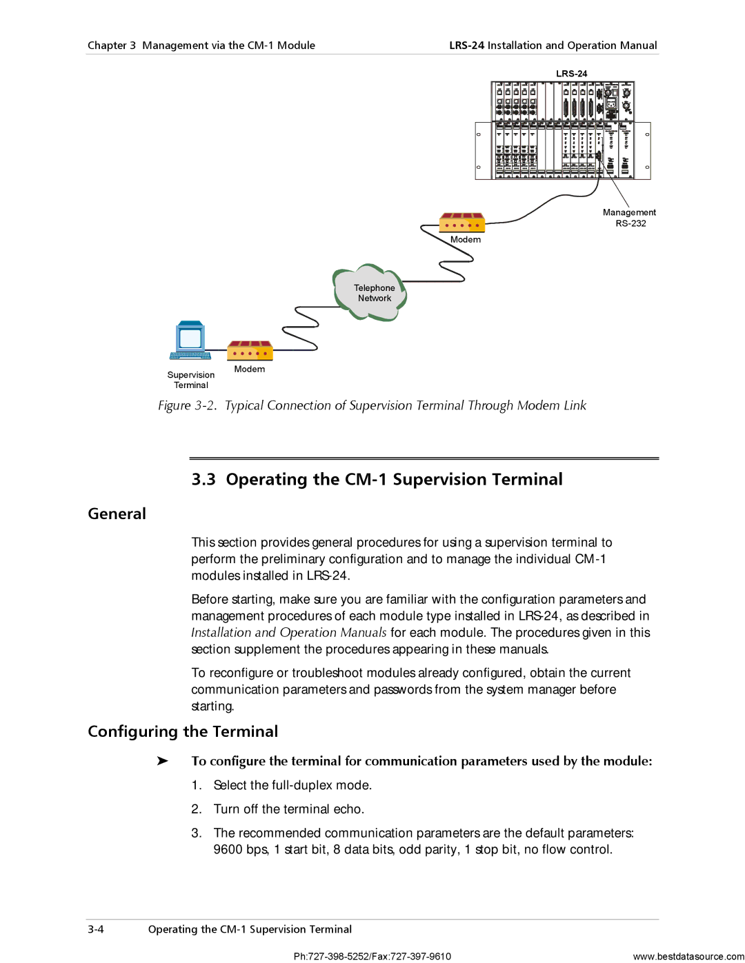 RAD Data comm LRS-24 operation manual Operating the CM-1 Supervision Terminal, Configuring the Terminal 