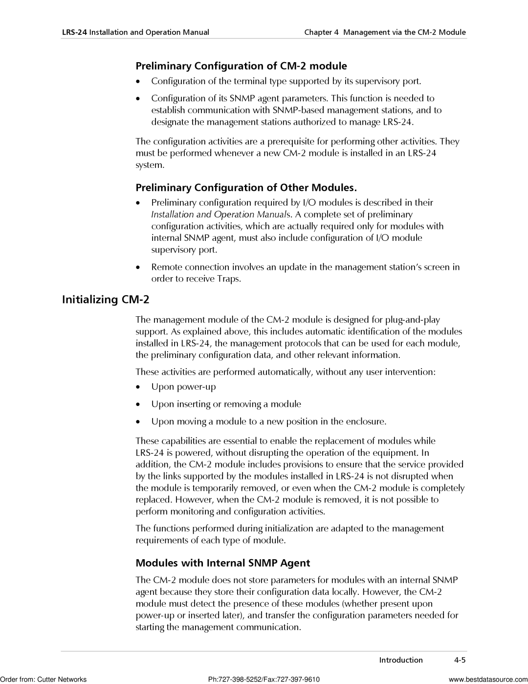 RAD Data comm LRS-24 Initializing CM-2, Preliminary Configuration of CM-2 module, Modules with Internal Snmp Agent 