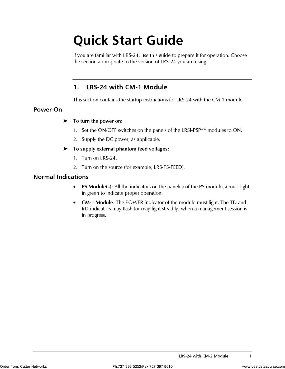 RAD Data comm operation manual LRS-24 with CM-1 Module, Power-On, Normal Indications, To turn the power on 