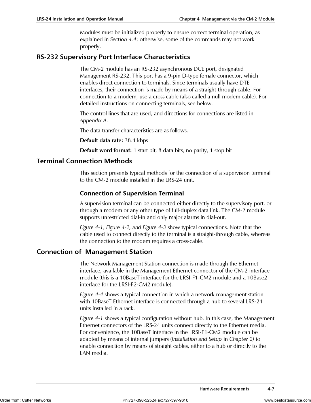 RAD Data comm LRS-24 operation manual RS-232 Supervisory Port Interface Characteristics, Terminal Connection Methods 