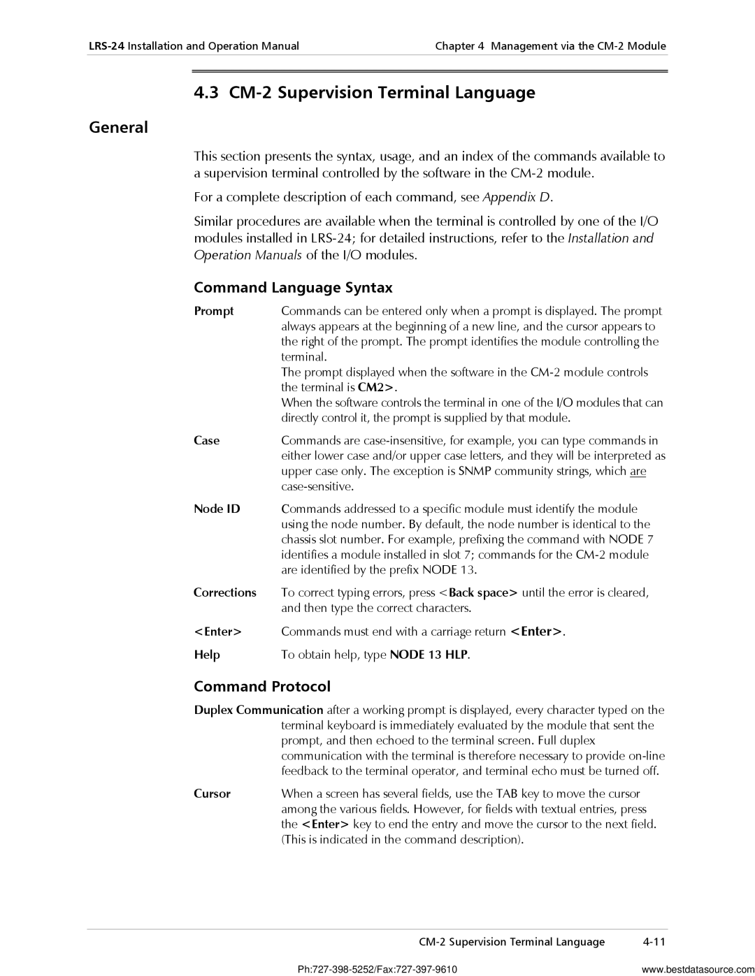 RAD Data comm LRS-24 operation manual CM-2 Supervision Terminal Language, Command Language Syntax, Command Protocol 