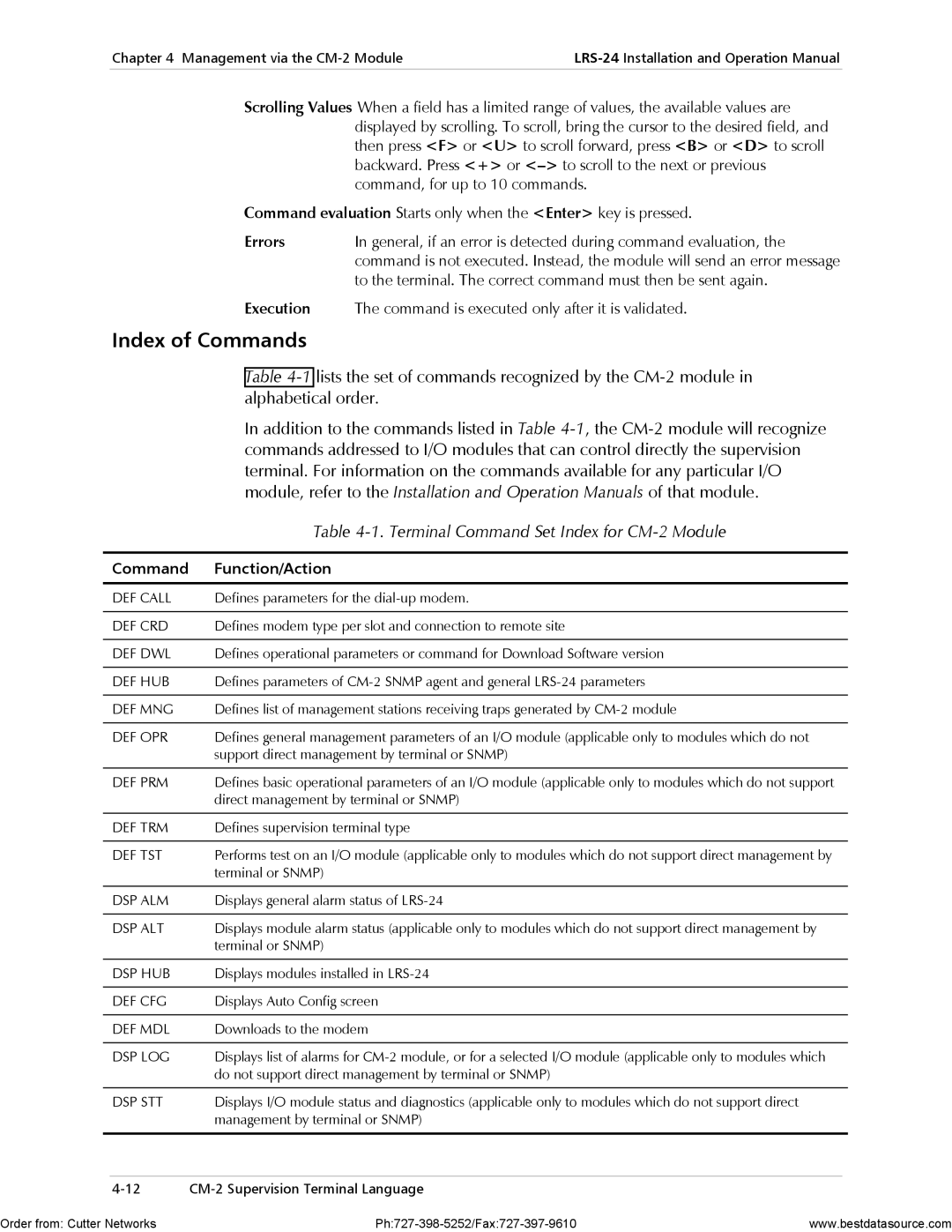 RAD Data comm LRS-24 operation manual Index of Commands, Errors Execution, Command Function/Action 