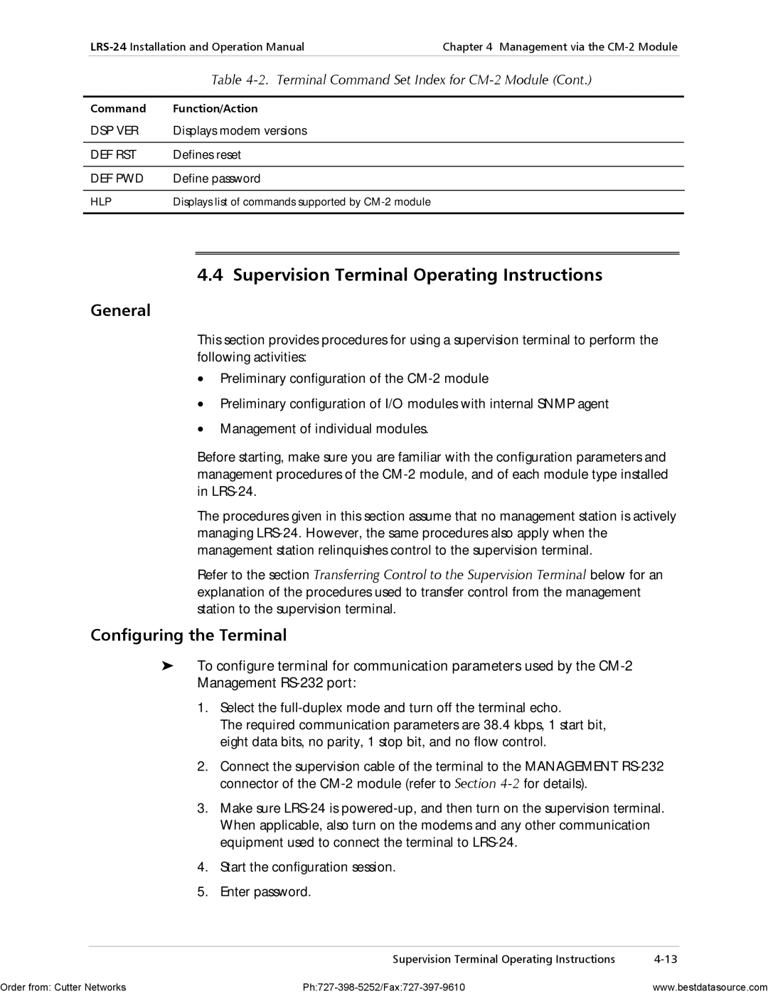 RAD Data comm LRS-24 Supervision Terminal Operating Instructions, Terminal Command Set Index for CM-2 Module 