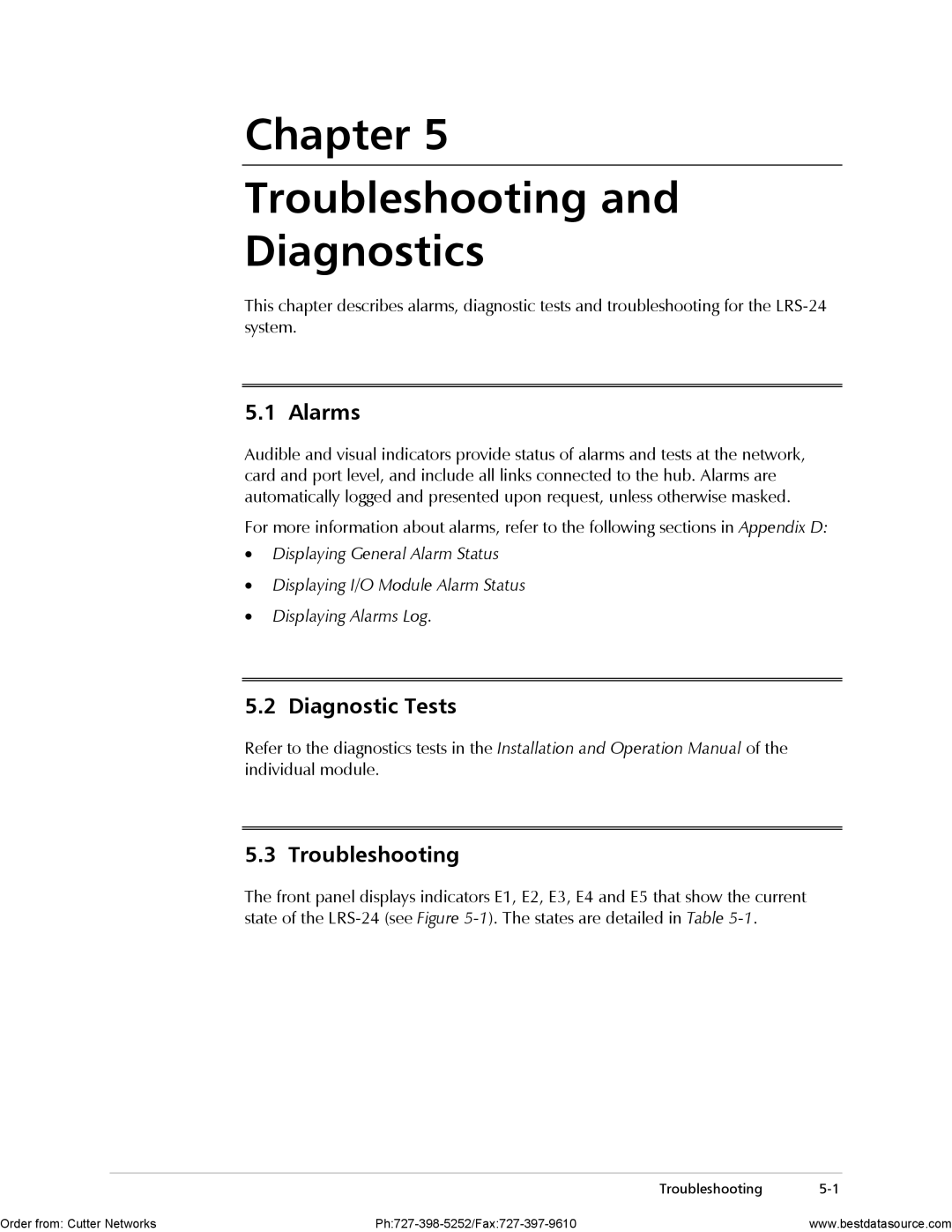 RAD Data comm LRS-24 operation manual Alarms, Diagnostic Tests Troubleshooting 