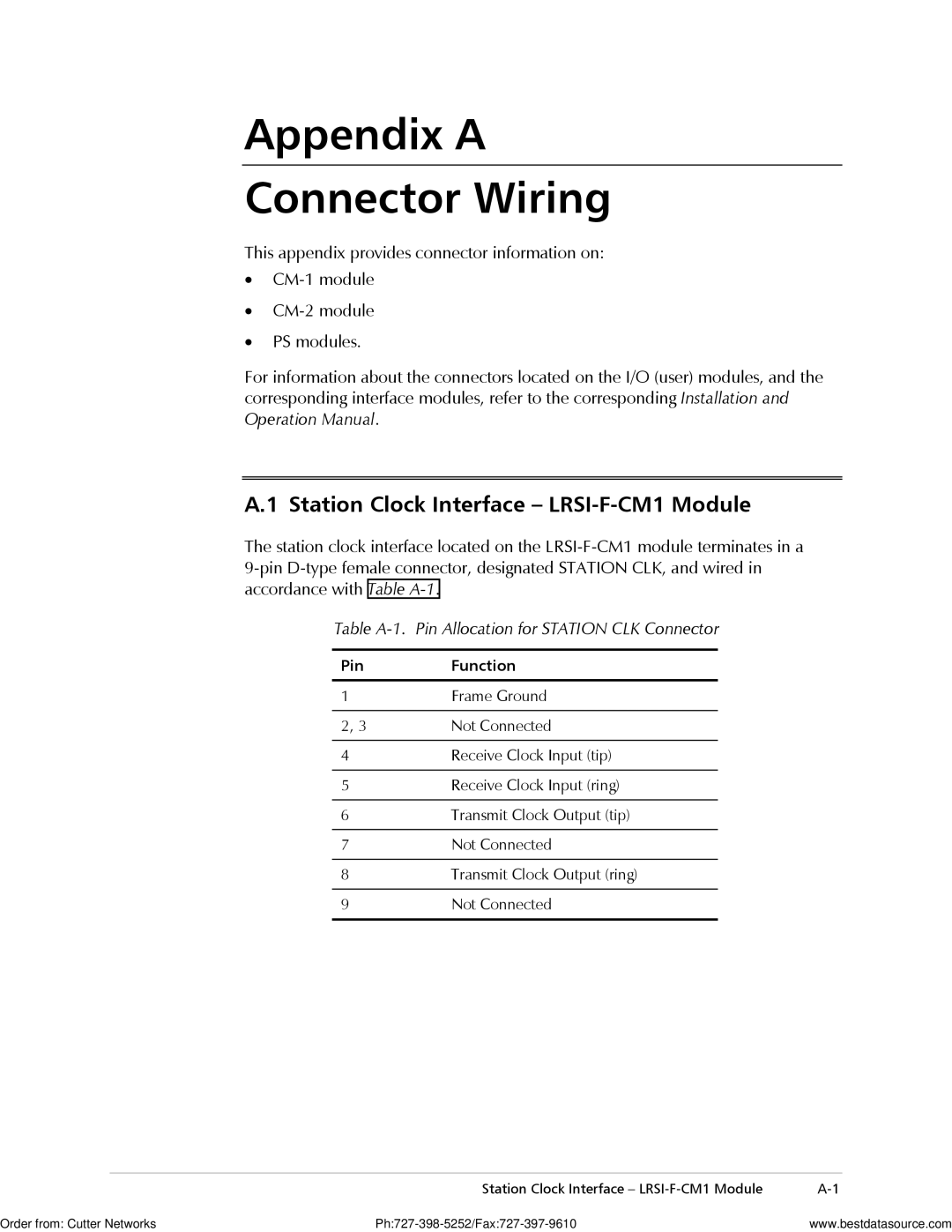 RAD Data comm LRS-24 Station Clock Interface LRSI-F-CM1 Module, Table A-1. Pin Allocation for Station CLK Connector 