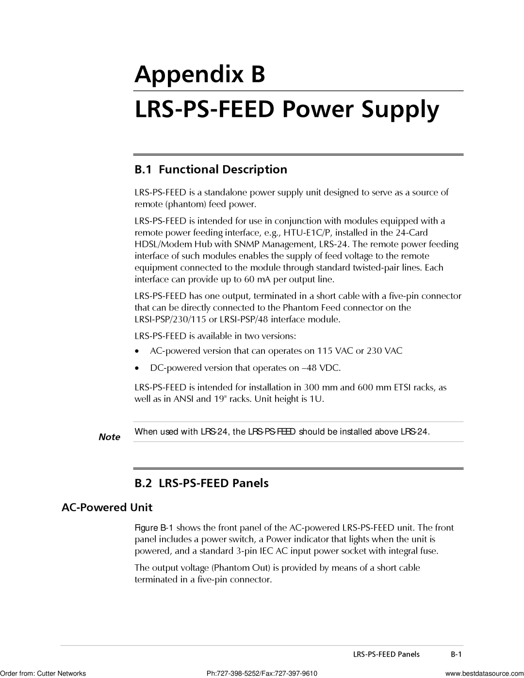 RAD Data comm LRS-24 operation manual LRS-PS-FEED Panels, AC-Powered Unit 