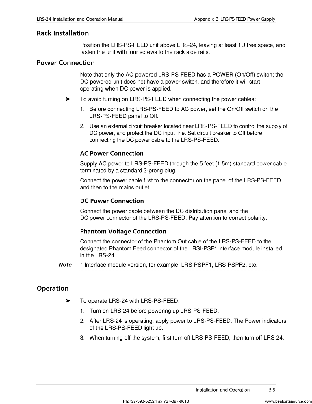 RAD Data comm LRS-24 operation manual Rack Installation, Power Connection, Operation, Phantom Voltage Connection 