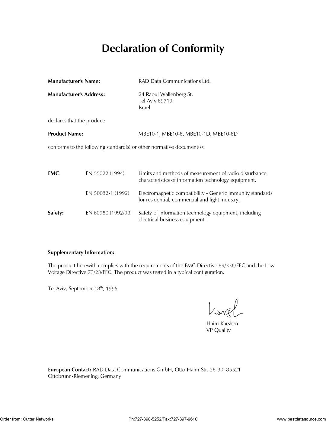 RAD Data comm MBE10-8D, MBE10-1D operation manual Declaration of Conformity 