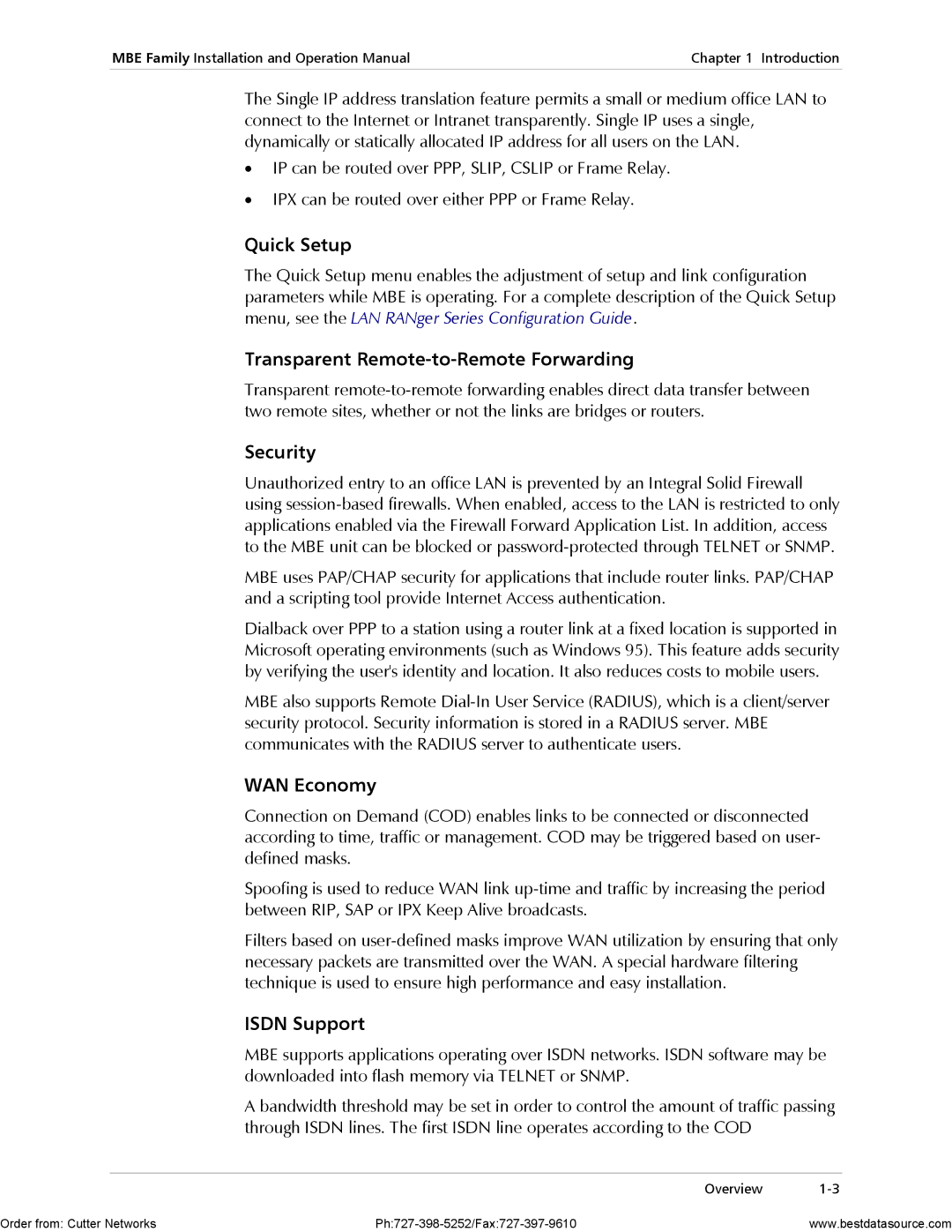 RAD Data comm MBE10-1D, MBE10-8 Quick Setup, Transparent Remote-to-Remote Forwarding, Security, WAN Economy, Isdn Support 