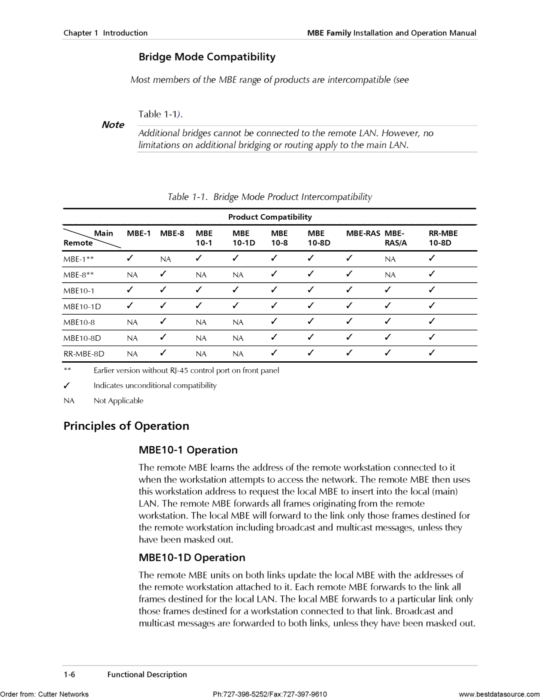 RAD Data comm MBE10-8D Principles of Operation, Bridge Mode Compatibility, MBE10-1 Operation, MBE10-1D Operation 