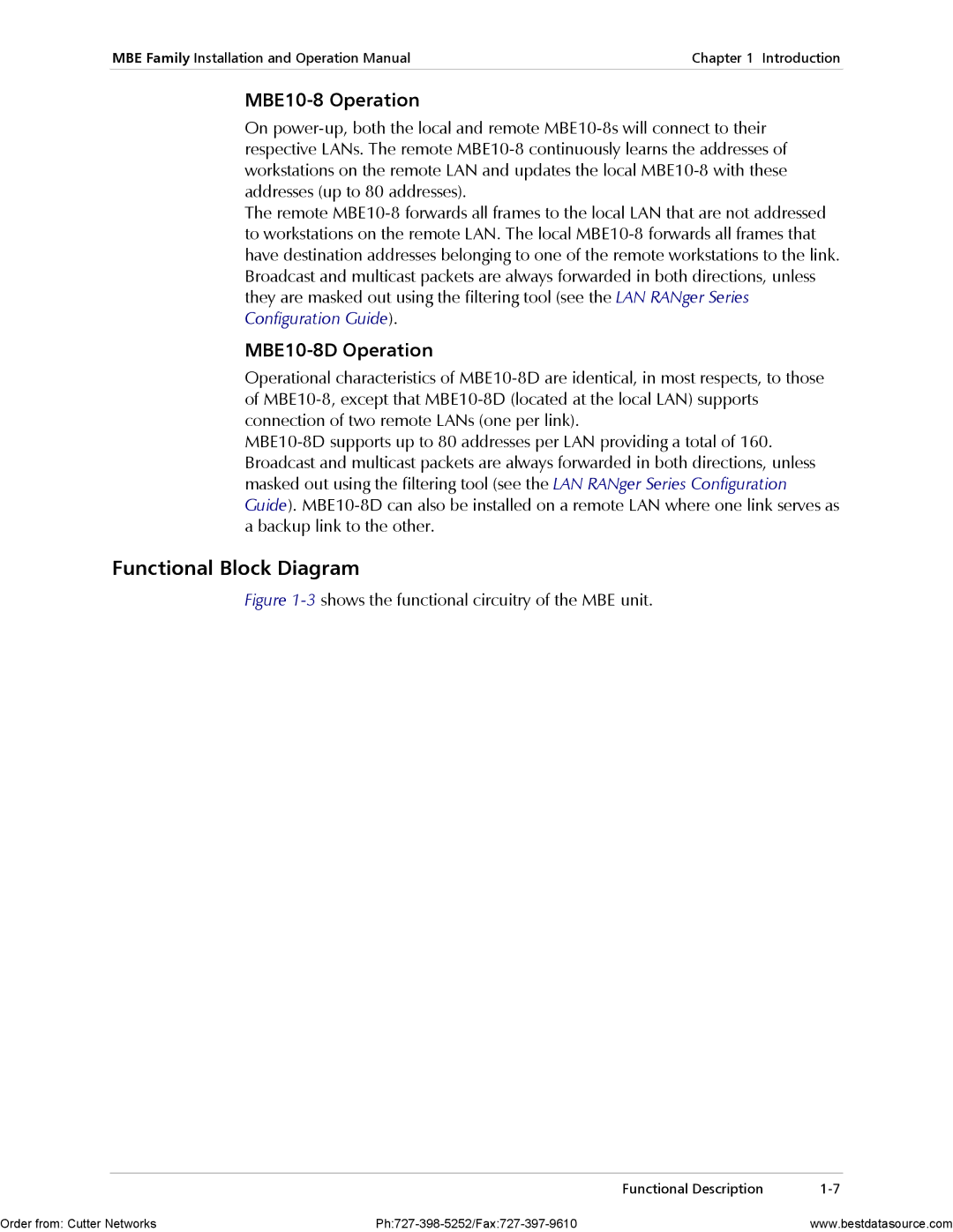 RAD Data comm MBE10-1D operation manual Functional Block Diagram, MBE10-8 Operation, MBE10-8D Operation 