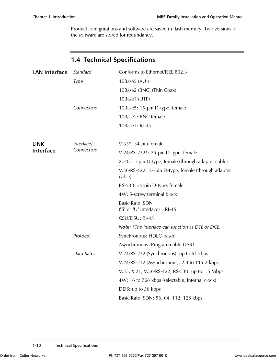 RAD Data comm MBE10-8, MBE10-1 Technical Specifications, LAN Interface Standard, Interface Connectors, Protocol Data Rates 