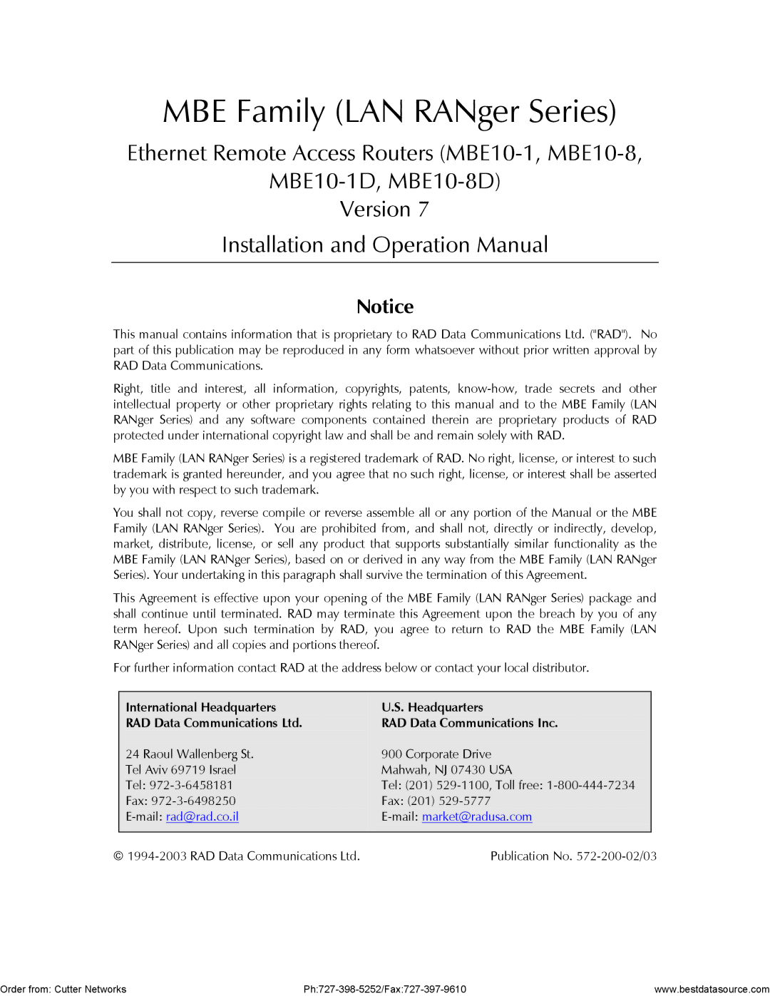 RAD Data comm MBE10-1D, MBE10-8D operation manual MBE Family LAN RANger Series 