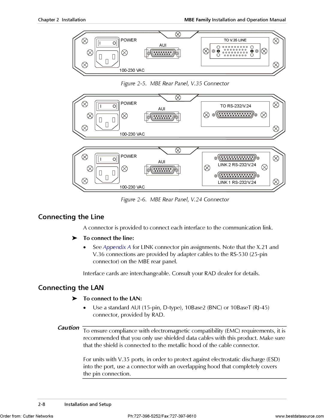 RAD Data comm MBE10-8D, MBE10-1D Connecting the Line, Connecting the LAN, To connect the line, To connect to the LAN 