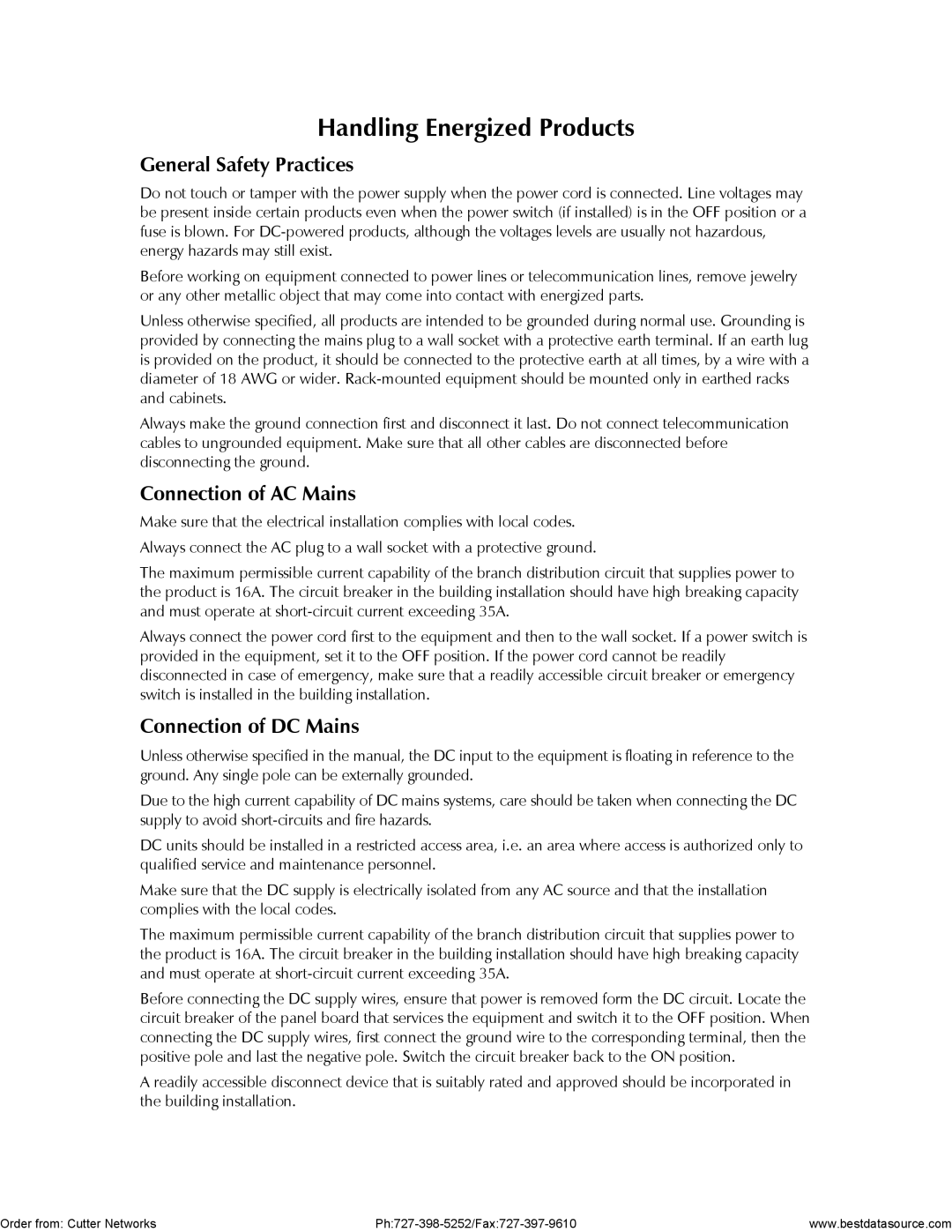 RAD Data comm MBE10-8D, MBE10-1D operation manual General Safety Practices, Connection of AC Mains, Connection of DC Mains 