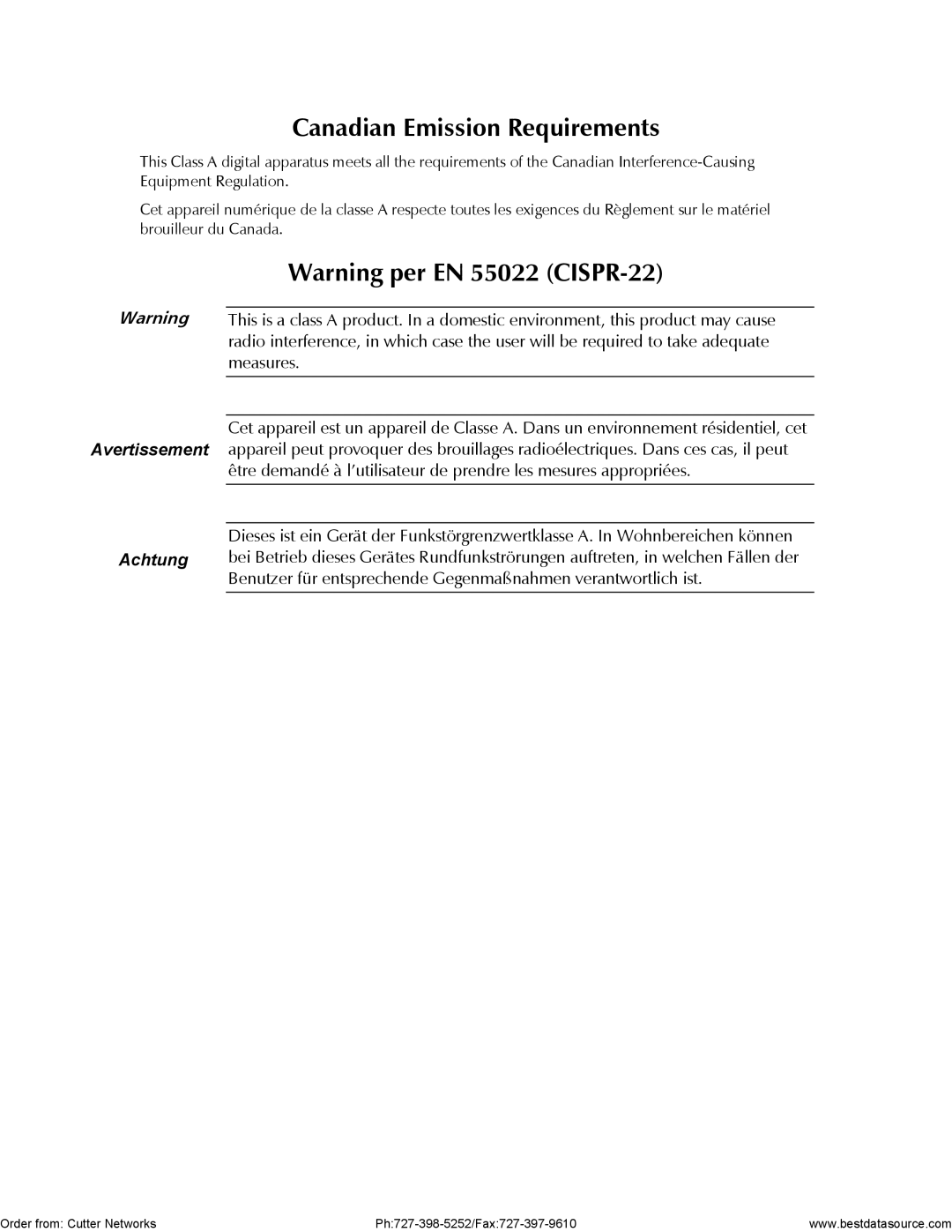 RAD Data comm MBE10-1D, MBE10-8D operation manual Canadian Emission Requirements 