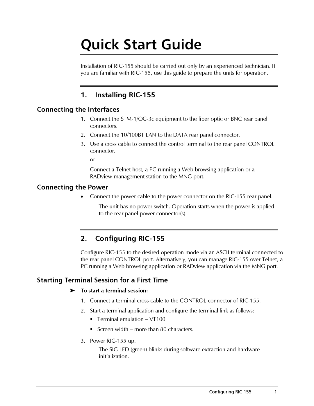 RAD Data comm operation manual Quick Start Guide, Installing RIC-155, Configuring RIC-155 