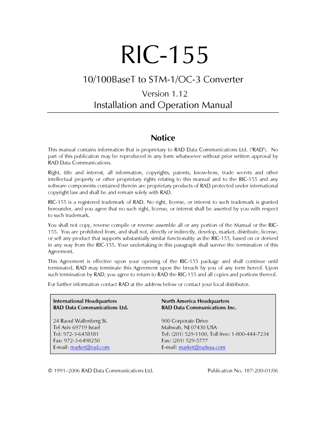 RAD Data comm RIC-155 operation manual 