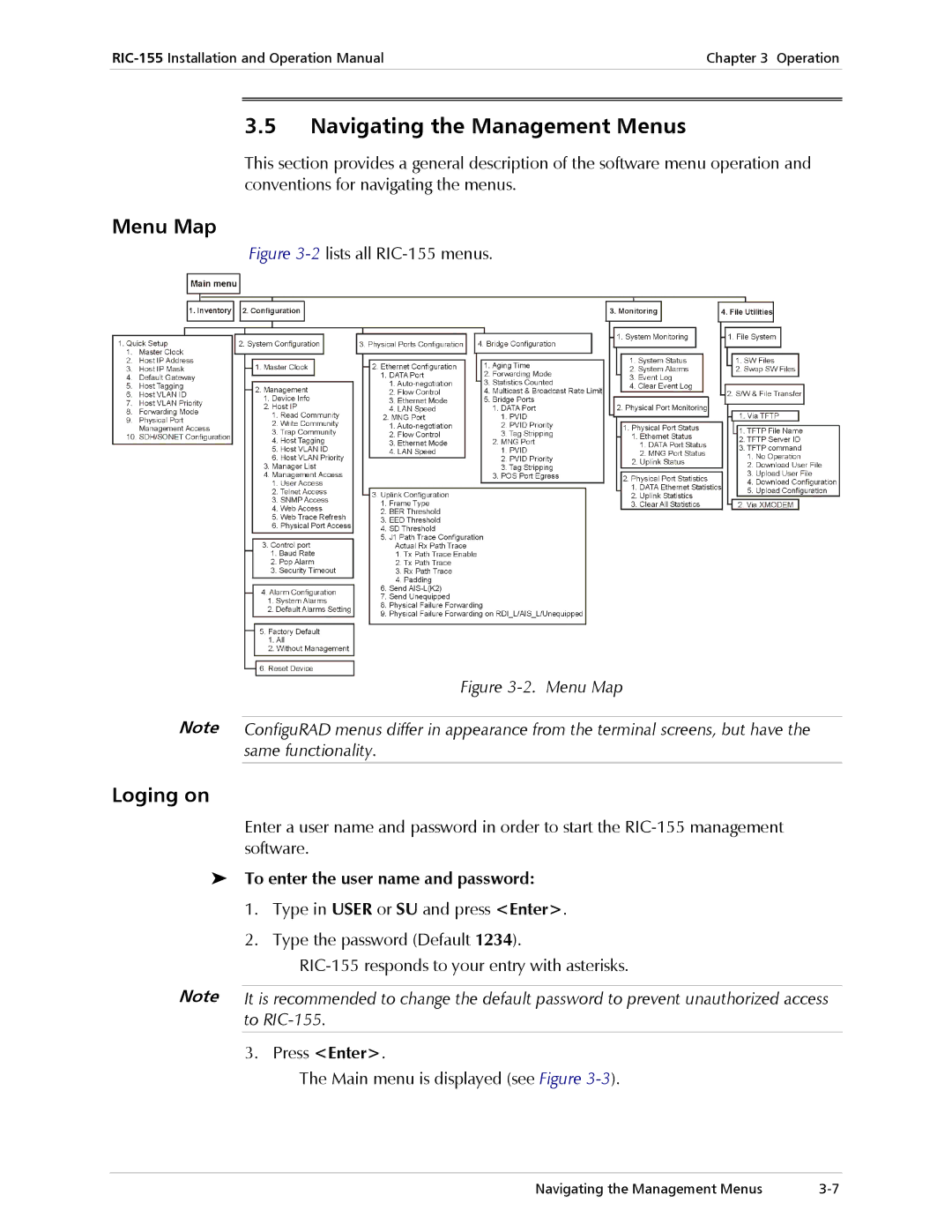 RAD Data comm RIC-155 Navigating the Management Menus, Menu Map, Loging on, To enter the user name and password 