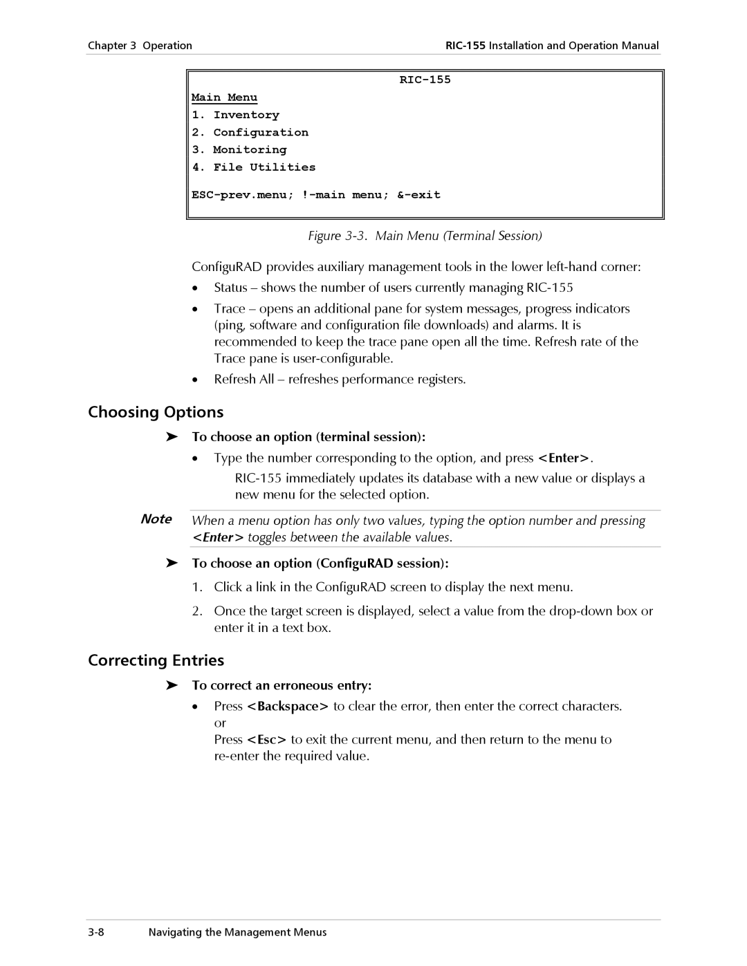 RAD Data comm RIC-155 operation manual Choosing Options, Correcting Entries, To choose an option terminal session 