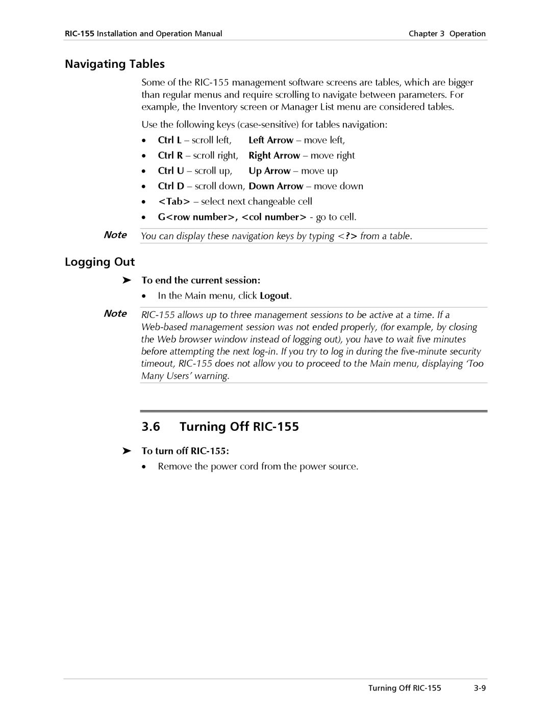 RAD Data comm operation manual Turning Off RIC-155, Navigating Tables, Logging Out 