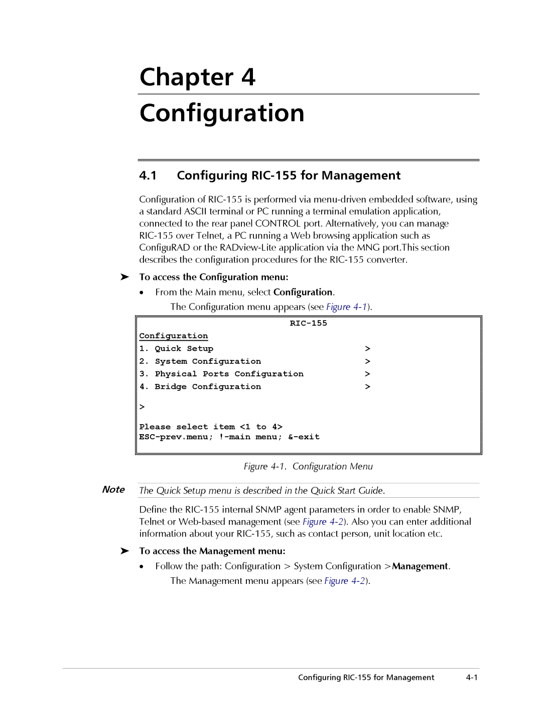 RAD Data comm Chapter Configuration, Configuring RIC-155 for Management, To access the Configuration menu 