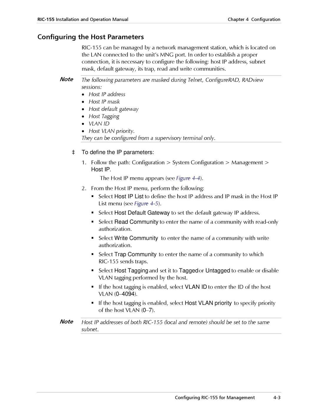 RAD Data comm RIC-155 operation manual Configuring the Host Parameters, To define the IP parameters 