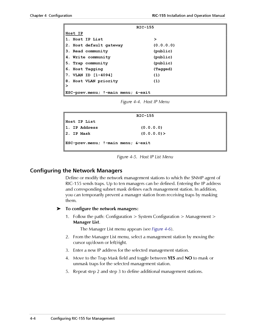 RAD Data comm RIC-155 operation manual Configuring the Network Managers, To configure the network managers 