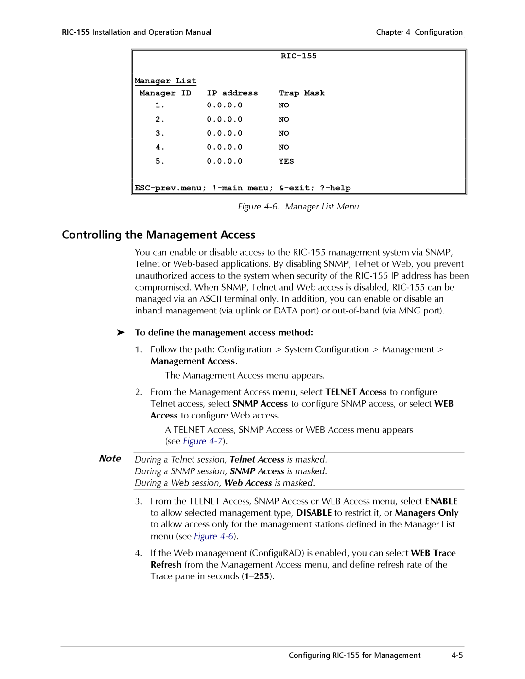 RAD Data comm RIC-155 operation manual Controlling the Management Access, To define the management access method 