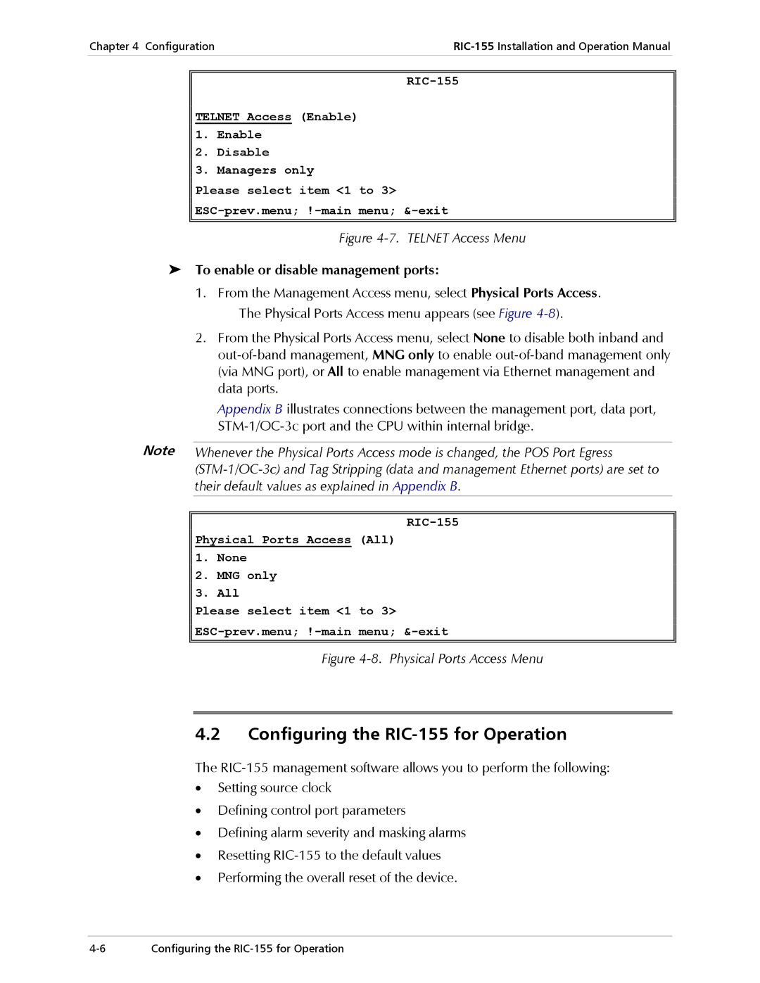 RAD Data comm operation manual Configuring the RIC-155 for Operation, To enable or disable management ports 