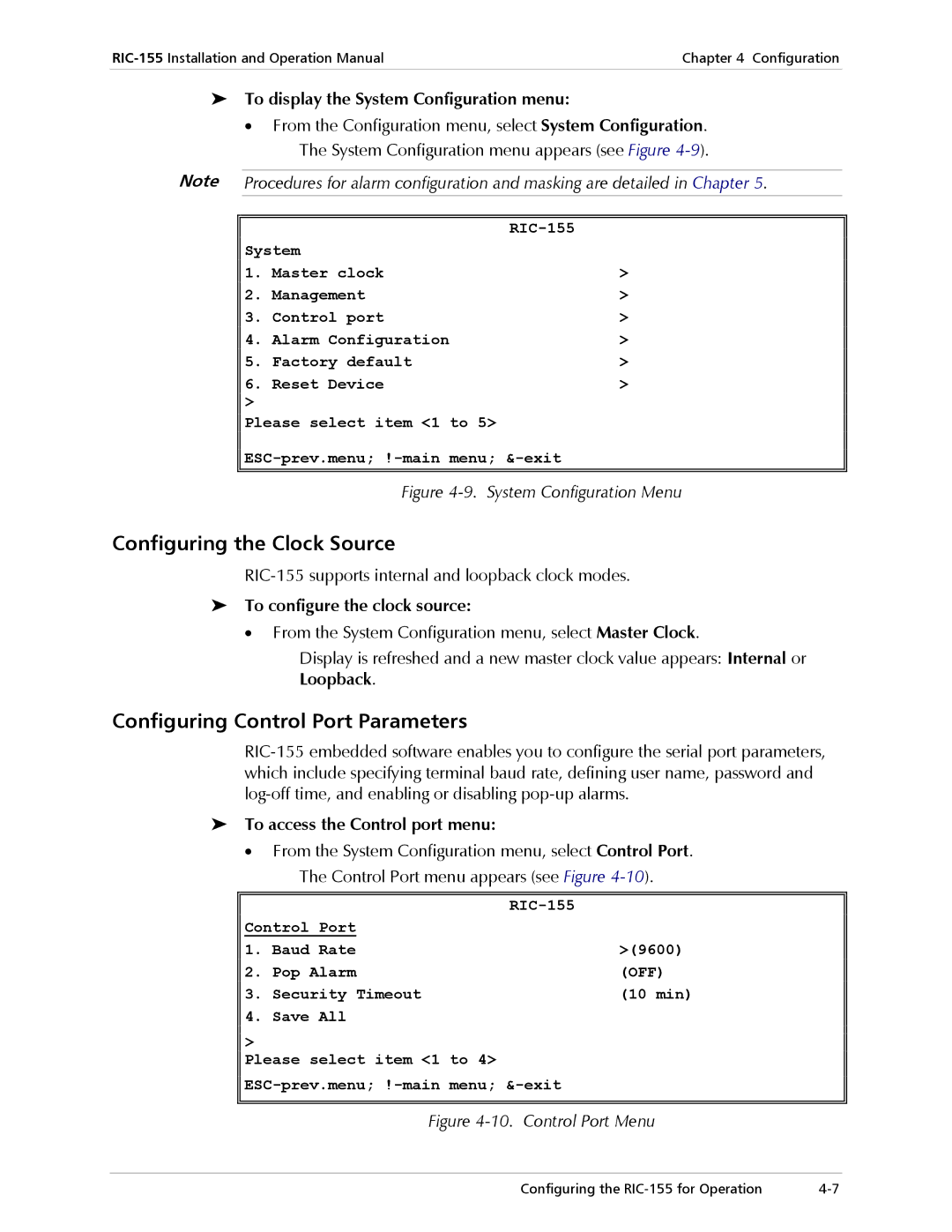 RAD Data comm RIC-155 operation manual Configuring the Clock Source, Configuring Control Port Parameters 