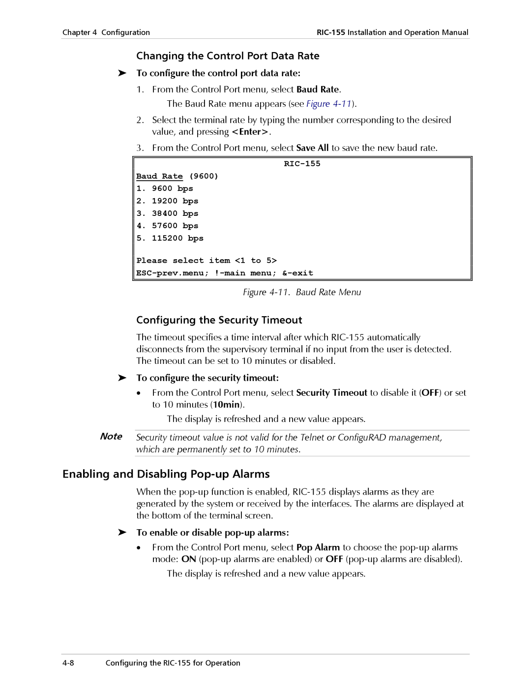 RAD Data comm RIC-155 operation manual Enabling and Disabling Pop-up Alarms, Changing the Control Port Data Rate 