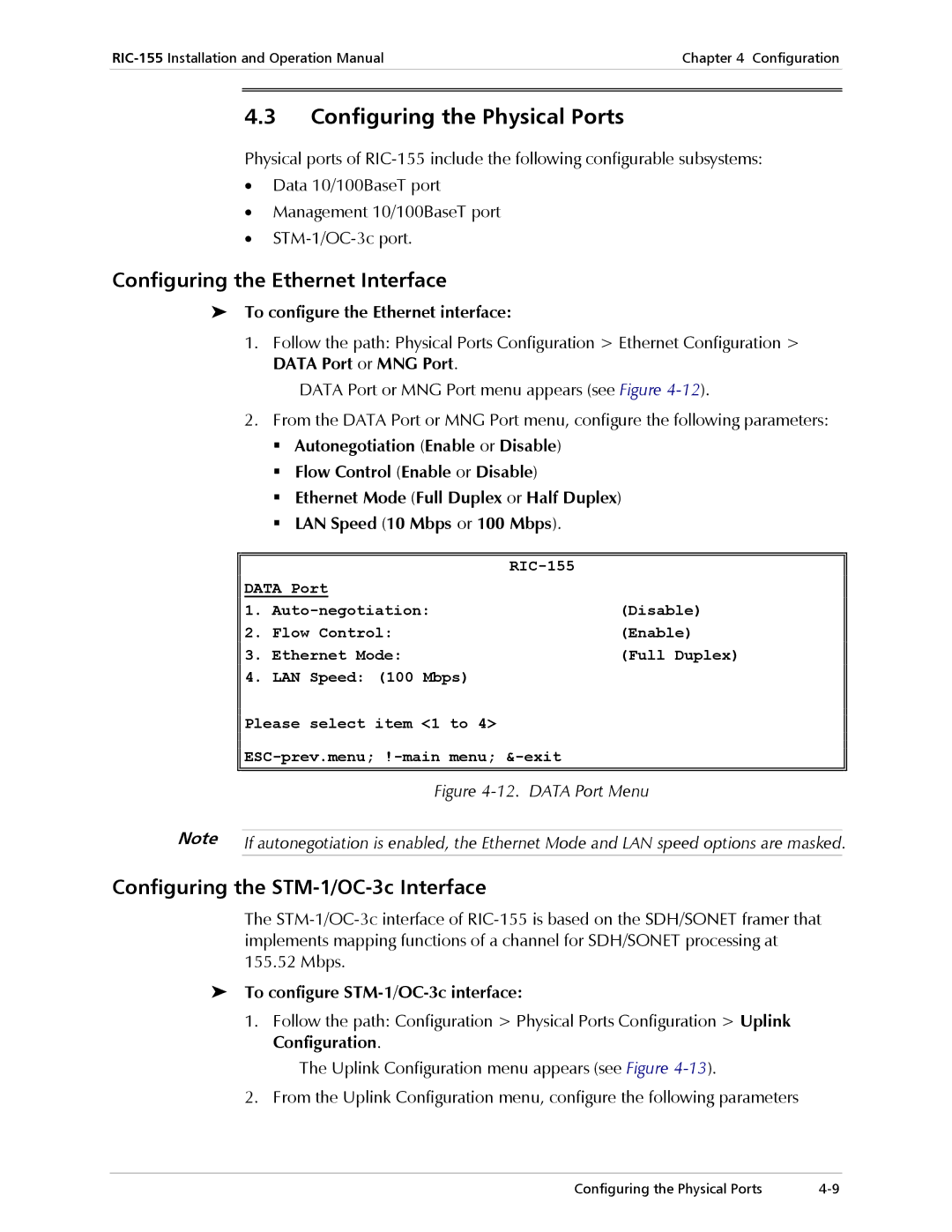 RAD Data comm RIC-155 operation manual Configuring the Physical Ports, Configuring the Ethernet Interface 