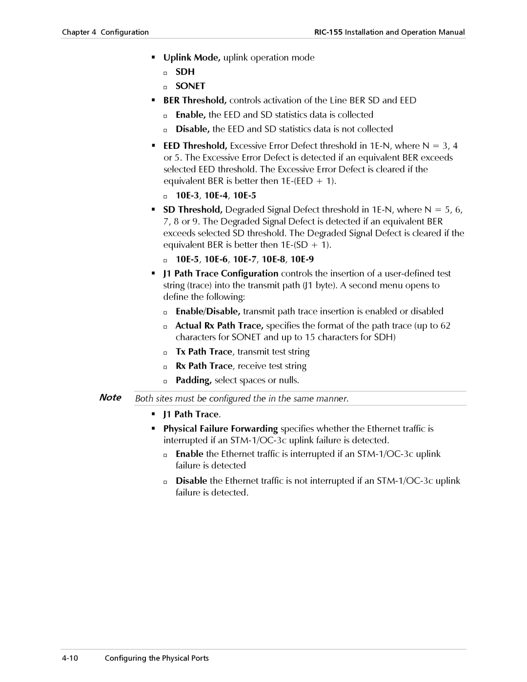 RAD Data comm RIC-155 operation manual 10E-3,10E-4,10E-5, 10E-5,10E-6,10E-7,10E-8,10E-9, J1 Path Trace 