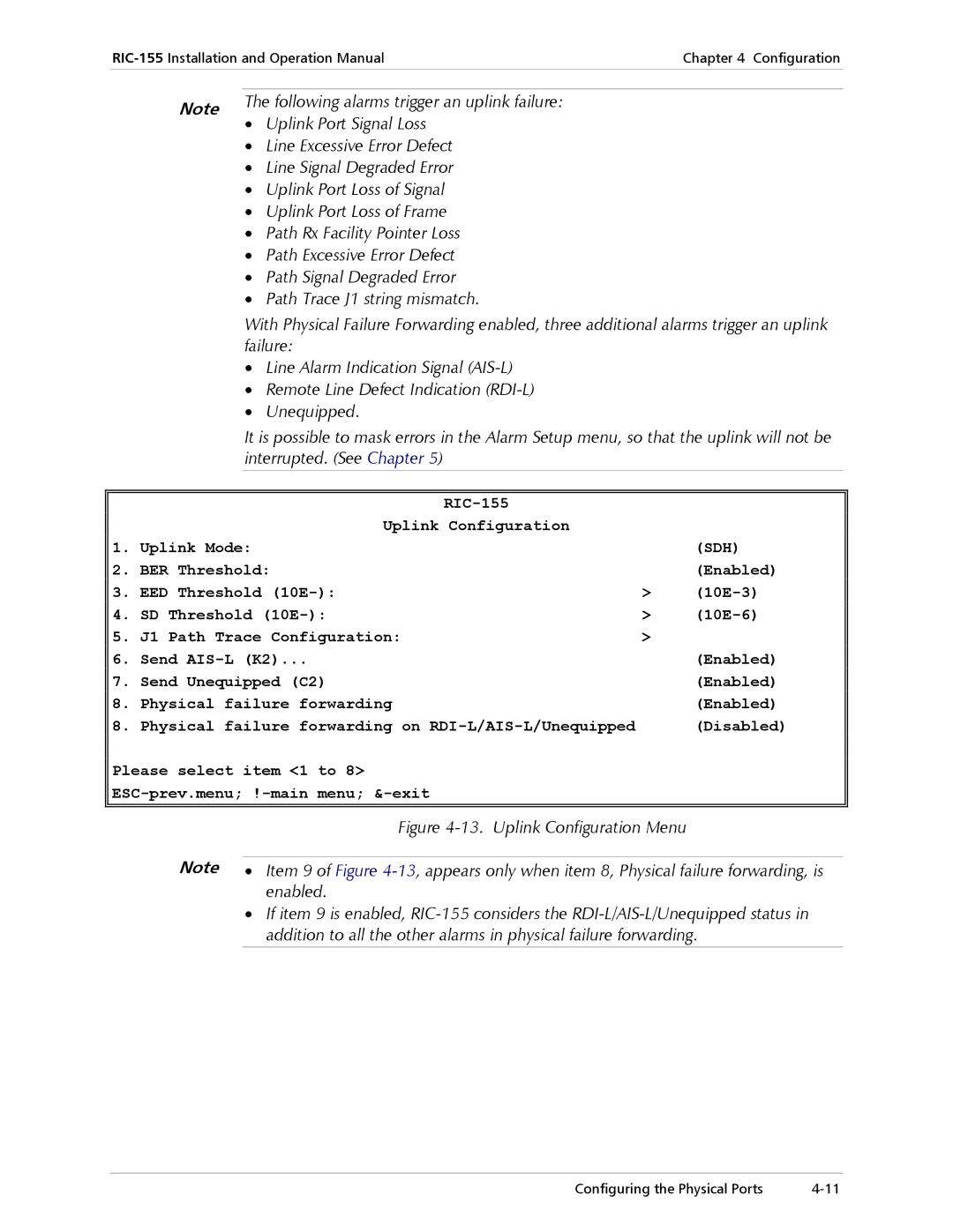 RAD Data comm RIC-155 operation manual Uplink Port Signal Loss, Line Excessive Error Defect, Line Signal Degraded Error 