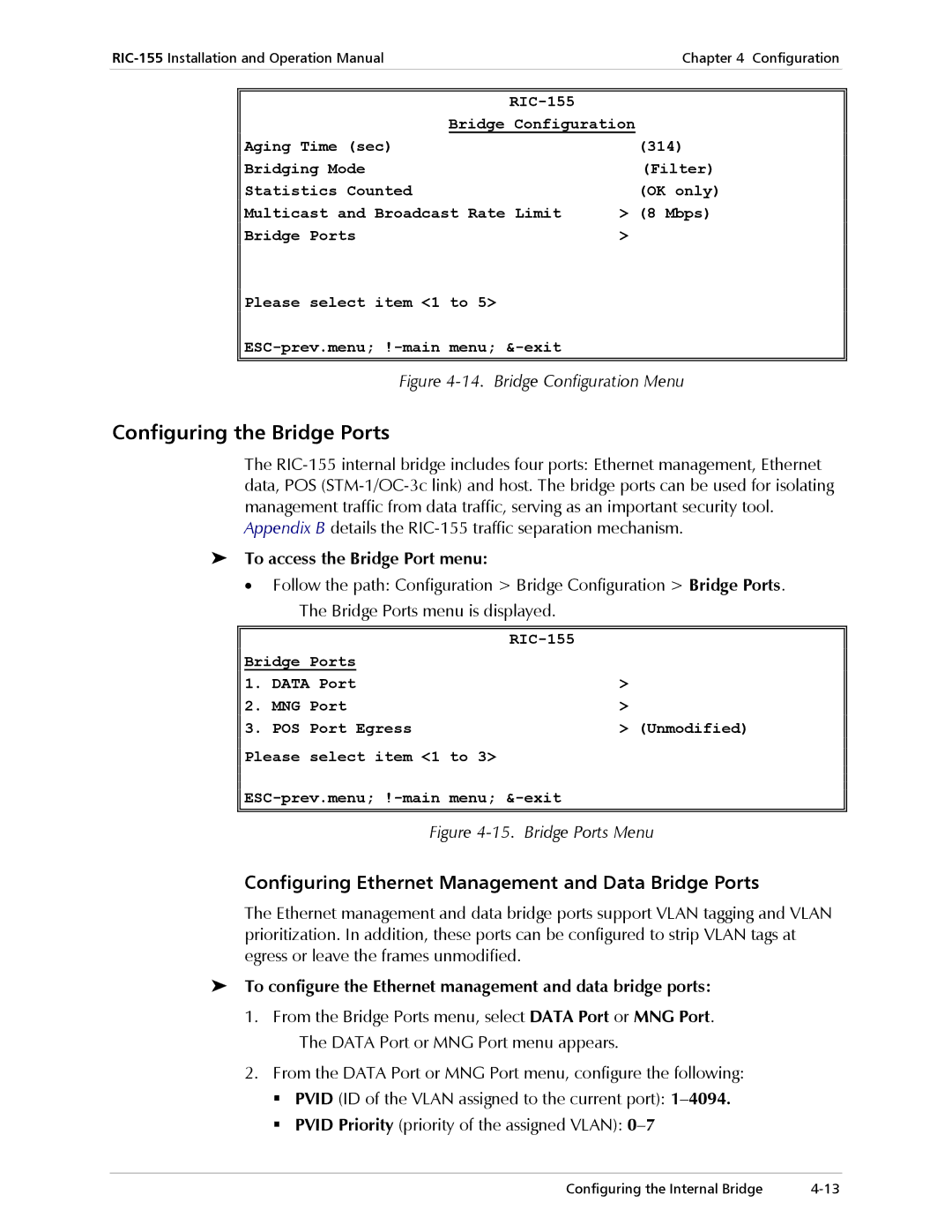 RAD Data comm RIC-155 operation manual Configuring the Bridge Ports, Configuring Ethernet Management and Data Bridge Ports 