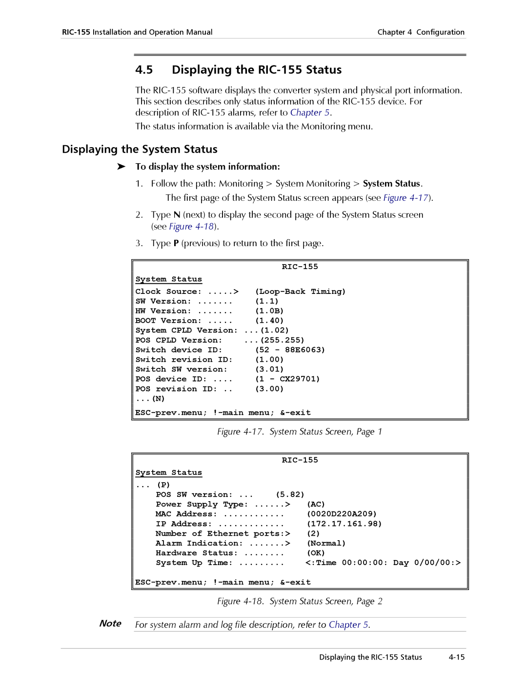 RAD Data comm Displaying the RIC-155 Status, Displaying the System Status, To display the system information 