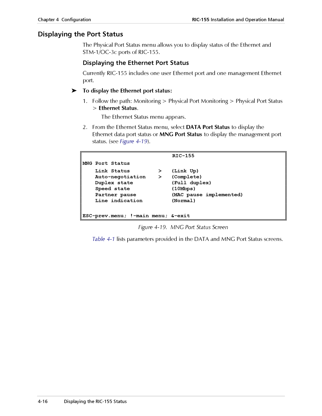 RAD Data comm RIC-155 Displaying the Port Status, Displaying the Ethernet Port Status, To display the Ethernet port status 