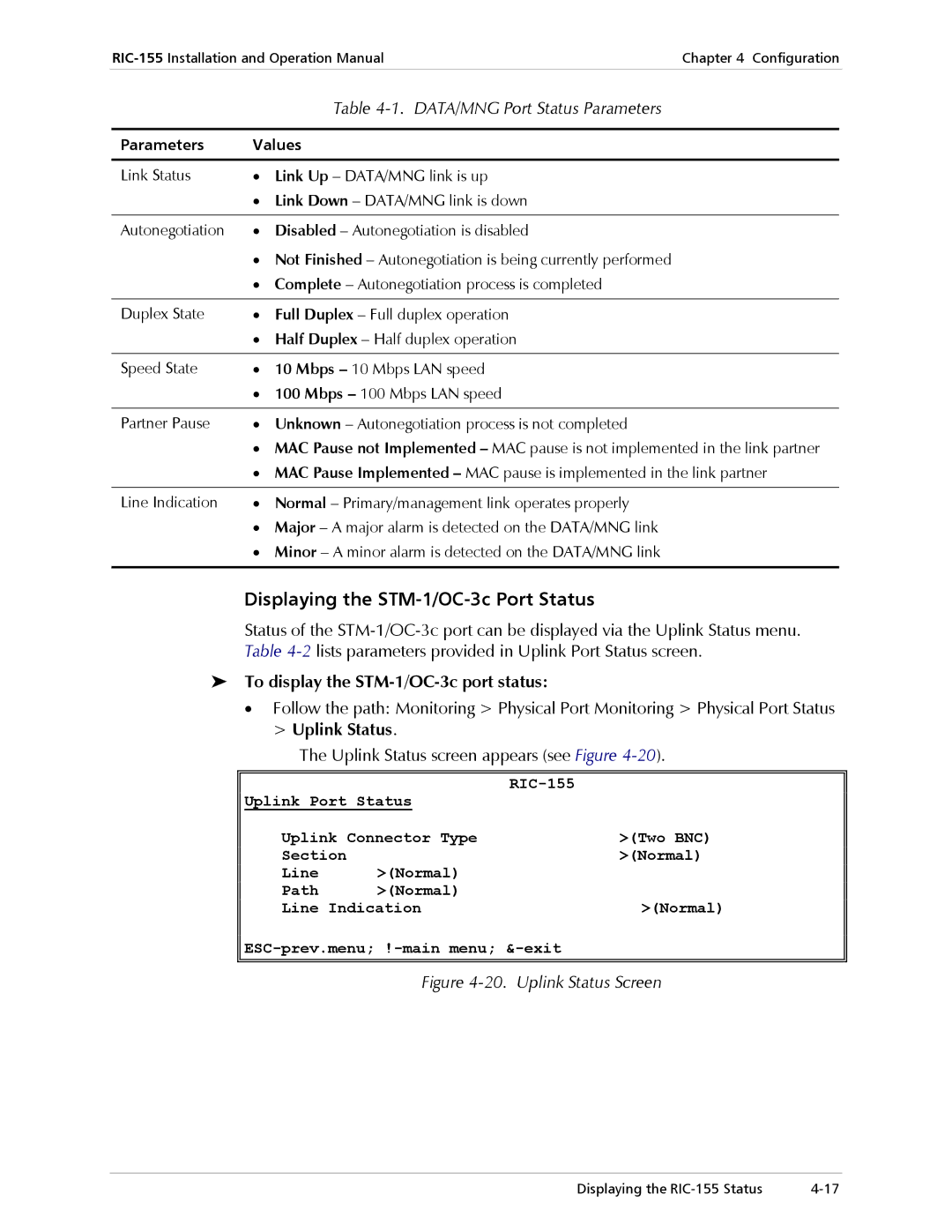 RAD Data comm RIC-155 Displaying the STM-1/OC-3c Port Status, DATA/MNG Port Status Parameters, Parameters Values 