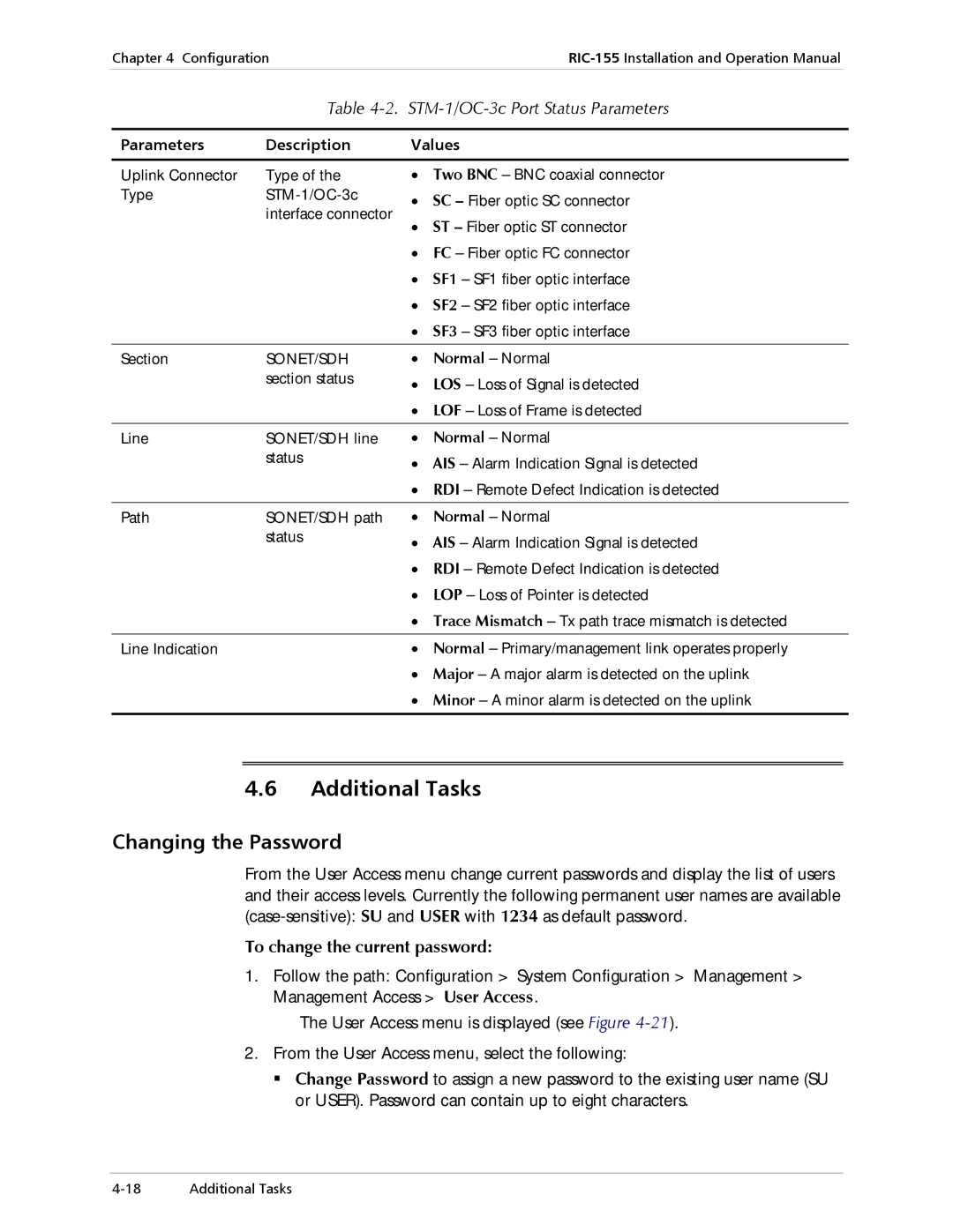 RAD Data comm RIC-155 operation manual Additional Tasks, Changing the Password, STM-1/OC-3c Port Status Parameters 