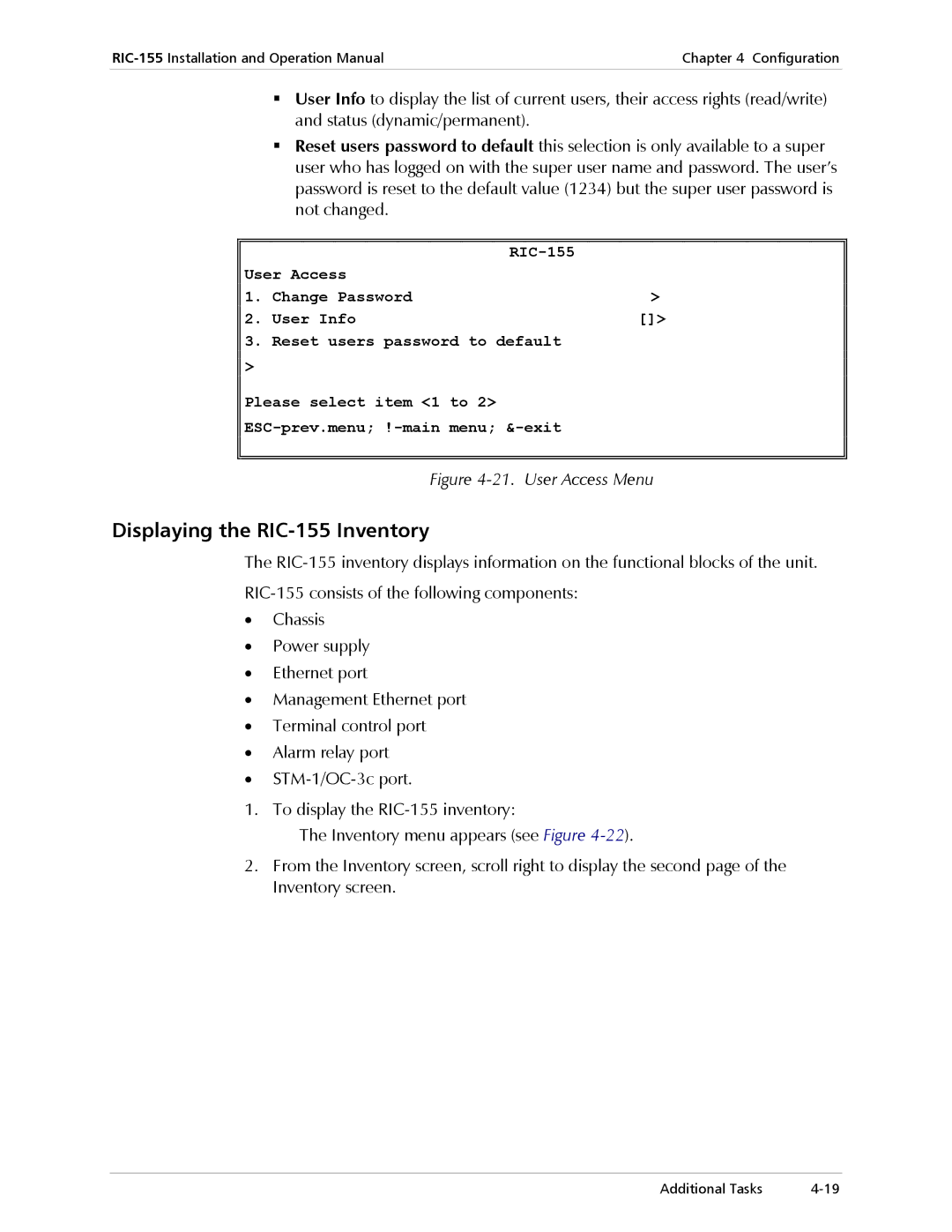 RAD Data comm operation manual Displaying the RIC-155 Inventory, User Access Menu 