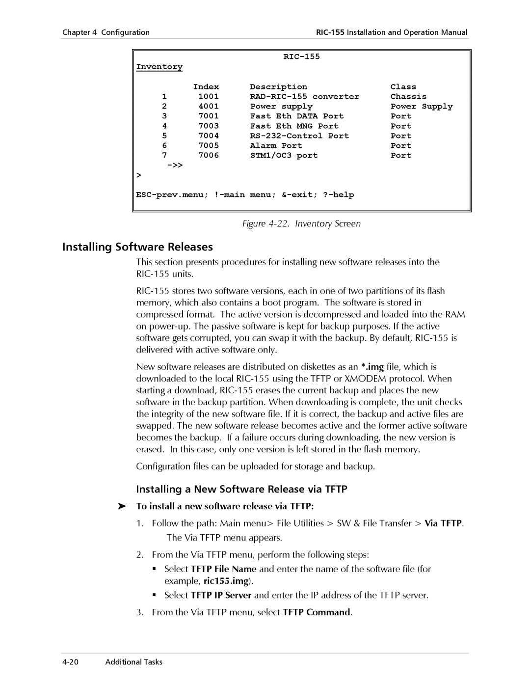 RAD Data comm RIC-155 operation manual Installing Software Releases, Installing a New Software Release via Tftp 